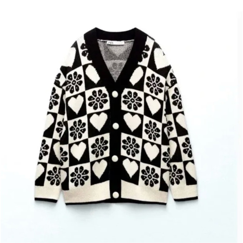 Zara Black and Cream Heart Floral Cardigan